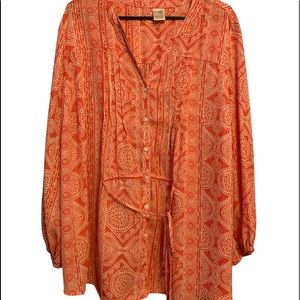 Terra & Sky Orange and Cream Printed Boho Button-Front Blouse